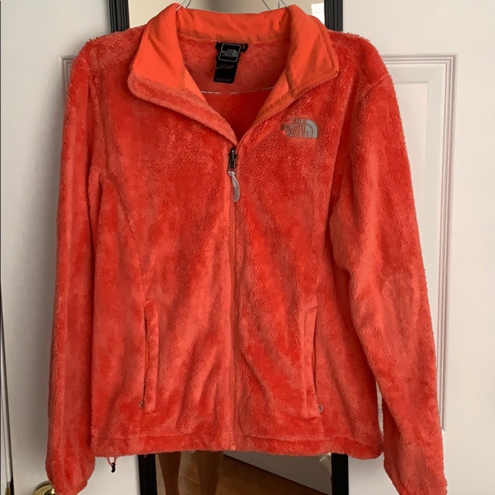 peach furry fleece north face jacket